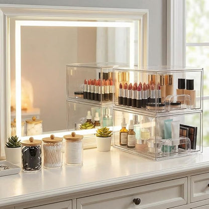 6 Pack Clear Stackable Storage Drawers & Qtip Holder Dispenser with Bamboo Lids, Acrylic Drawer Containers Plastic Organizer Bins for Makeup, Bathroom, Cabinet, Undersink