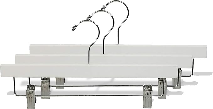 White Wooden Pant Hanger w/Adjustable Cushion Clips, Box of 50 Flat Wood Bottom Hangers w/Chrome Swivel Hook for Jeans Slacks or Skirt