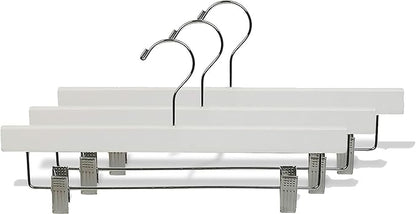 White Wooden Pant Hanger w/Adjustable Cushion Clips, Box of 50 Flat Wood Bottom Hangers w/Chrome Swivel Hook for Jeans Slacks or Skirt