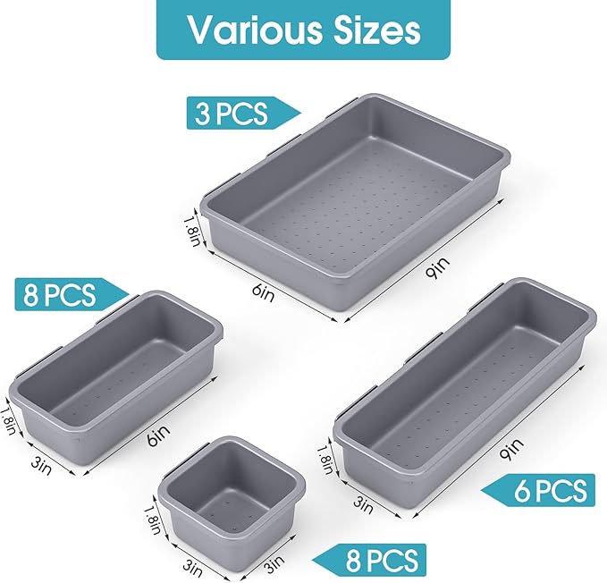 25 PCS Drawer Organizer Set, 4 Size Makeup Drawer Divider Organizer With Non-Slip Pads, Interlocking Plastic Storage Bins for Office,Jewelry Vanity,Gadgets, Bathroom,Kitchen, Grey