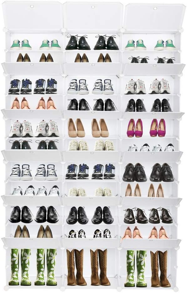 Shoe Rack Organizer, 18 Cube 12 Tier Covered Shoe Storage Cabinet 72 Pairs Freestanding DIY Shoe Shelves Plastic Shoes Rack for Closet Entryway Hallway Bedroom (White)