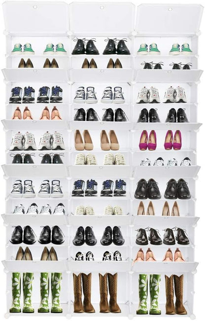 Shoe Rack Organizer, 18 Cube 12 Tier Covered Shoe Storage Cabinet 72 Pairs Freestanding DIY Shoe Shelves Plastic Shoes Rack for Closet Entryway Hallway Bedroom (White)