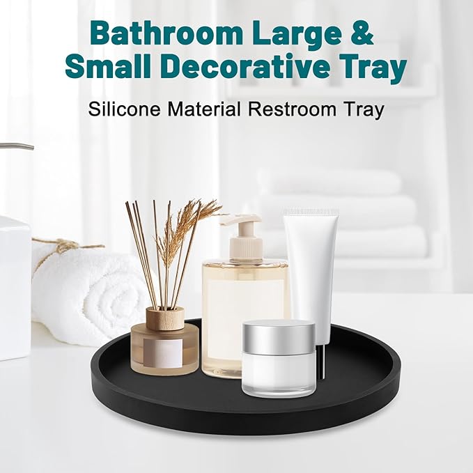 Silicone Bathroom Round Tray Vanity Tray Kitchen Counter Organizer Coffee Table Decor for Candle, Perfume, Jewelry, Trinkets,Hand Soap,Lotion Bottles (9 Inch,Black)