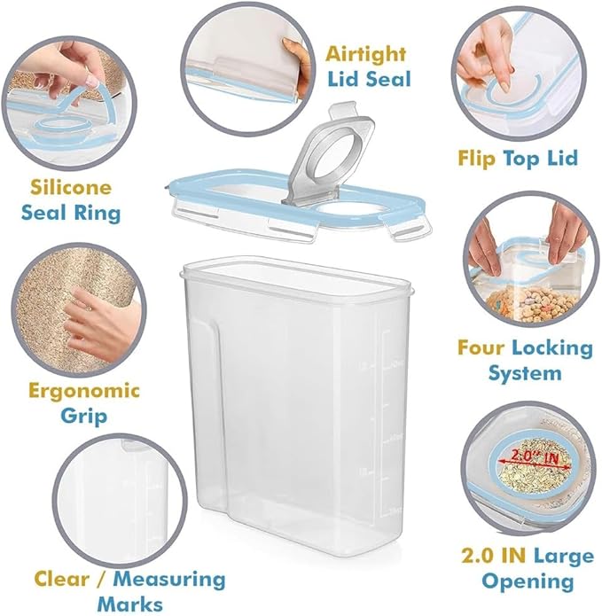 Shazo 2 Pack (15.4 Oz Cereal Capacity) Small Airtight Cereal Containers Storage with Lids, Perfect Space Saving BPA-Free Plastic Container, Pantry Organization and Canister for Rice, Sugar & Flour