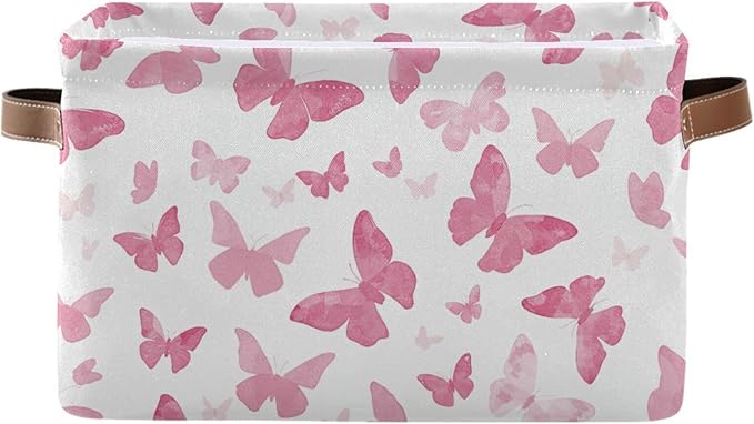 Watercolor Pink Butterfly Storage Basket Bin, Large Cube Storage Box Canvas Collapsible Storage Organizer for Home Office Closet - 15 L x 11 W x 9.5 H