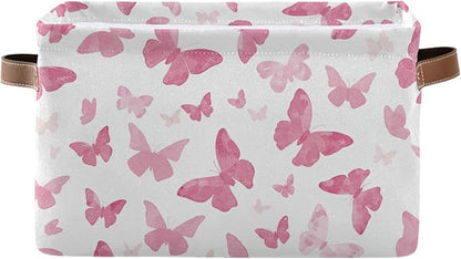 Watercolor Pink Butterfly Storage Basket Bin, Large Cube Storage Box Canvas Collapsible Storage Organizer for Home Office Closet - 15 L x 11 W x 9.5 H