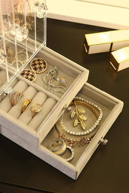 Sooyee 4 Doors Foldable Necklace Hanging Jewelry Organizer Double Sided Stand Display & 5 Drawers,Dustproof Jewelry Rack Display, Clear