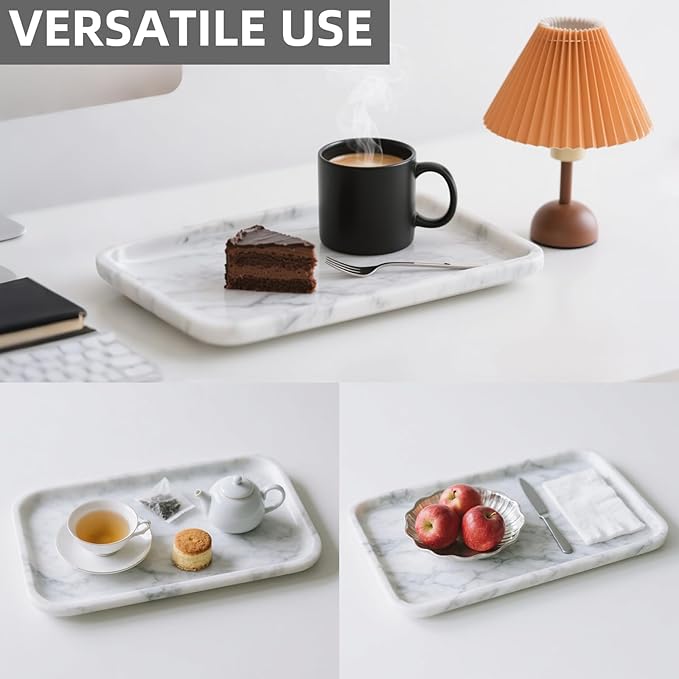 Yew & Tulip 14" x 8.5" Natural Marble Tray for Kitchen, Bathroom, Living Room – Serving/Decorative Vanity Tray for Jewelry, Candles, Decor (Carrara White)