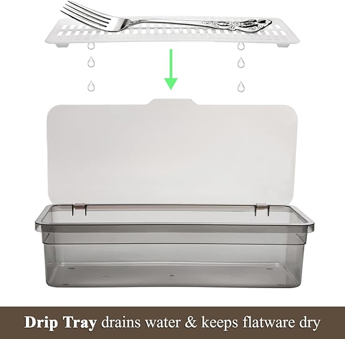Elsjoy 6 Pack Flatware Trays with Lid and Drainer, Plastic Utensil Holder for Kitchen Counter, Silverware Storage Box Covered Cutlery Container for Home