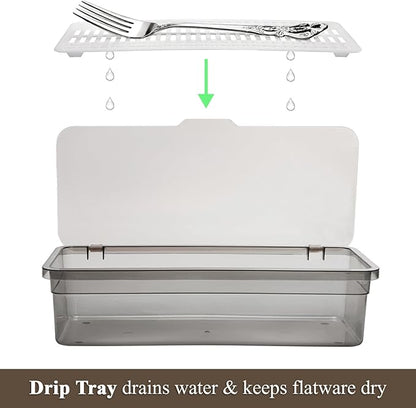 Elsjoy 6 Pack Flatware Trays with Lid and Drainer, Plastic Utensil Holder for Kitchen Counter, Silverware Storage Box Covered Cutlery Container for Home