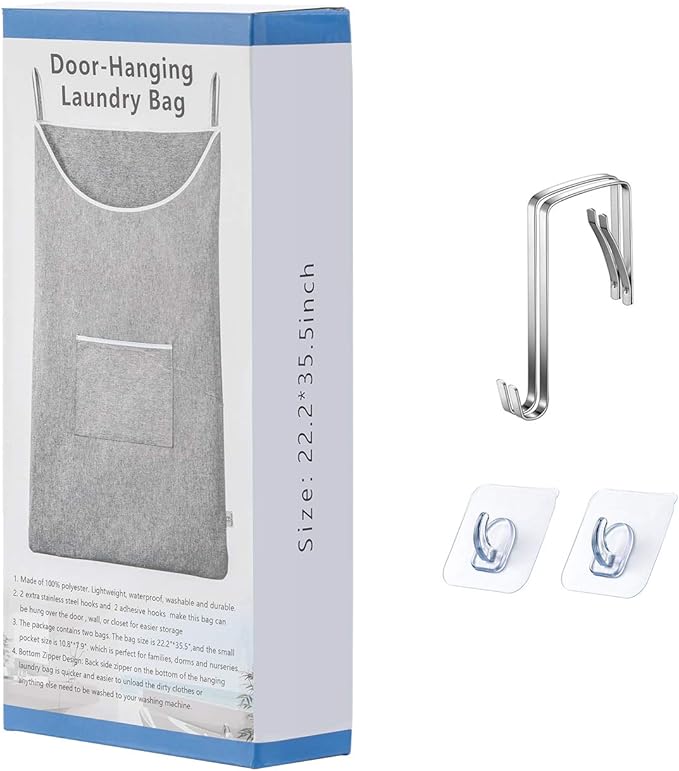 SAVERHO X-Large Hanging Laundry Hamper Bag, Door Hanging Hamper with Front Pocket Dirty Clothes Hanging Laundry Bag Large Size 35X22 inch Door Laundry Basket (Grey)