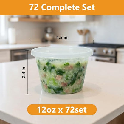 NESCCI 72 Sets (144-Piece) Deli Containers with Lids,12oz X 72 Set Each, Leak-Proof & BPA Free Airtight Takeout Plastic Food Storage Containers for Soup, Meal Prep, Microwave/Freezer Safe