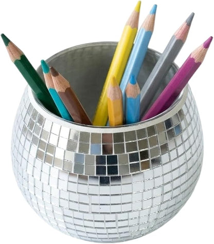Glass Disco Ball Pen Holder with Smooth Grouting - Premium Mirror Mosaic Pencil Cup for Desk, Cute Makeup Brush Holder, Aesthetic Room Decor Gift (silver)