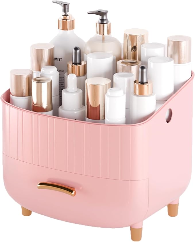 Makeup Organizer Countertop Vanity with Drawers Cosmetic Skincare Bathroom Storage Gift for Women Teens Girls (Pink)