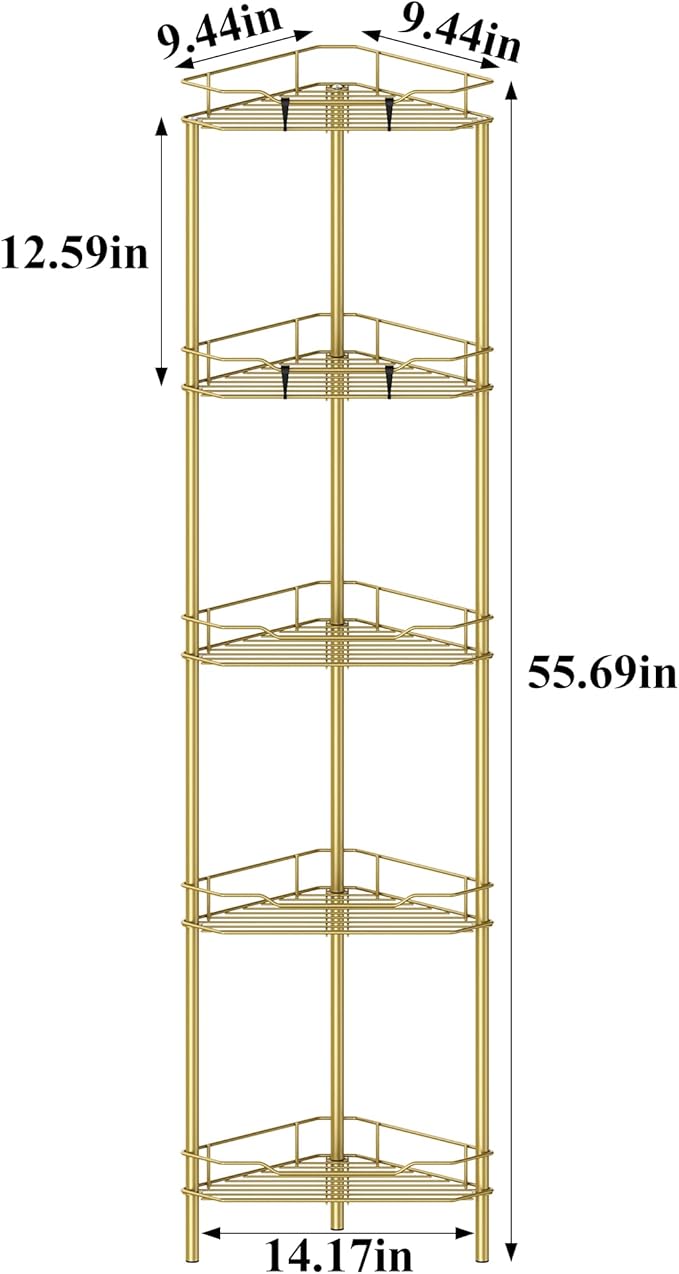 HuggieGems 5 Tier Floor Standing Corner Shower Caddy Organizer Shelf with Hooks, Bathroom Shelves Stand Rack, Gold