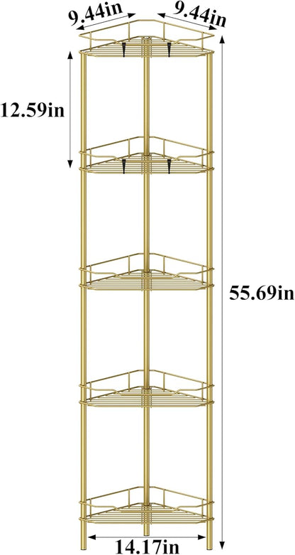 HuggieGems 5 Tier Floor Standing Corner Shower Caddy Organizer Shelf with Hooks, Bathroom Shelves Stand Rack, Gold