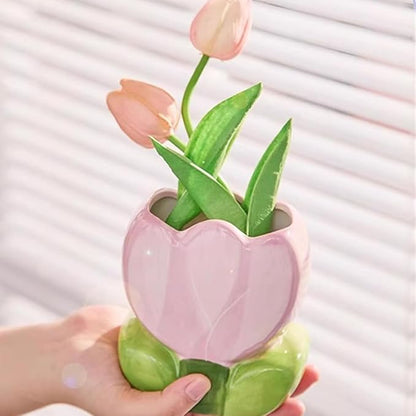 1 PC Ceramic Tulip Make up Brush Holder Flower Toothbrush Holder Cosmetic Storage Box Pen and Pencil Holder Desktop Organizers (Purple)