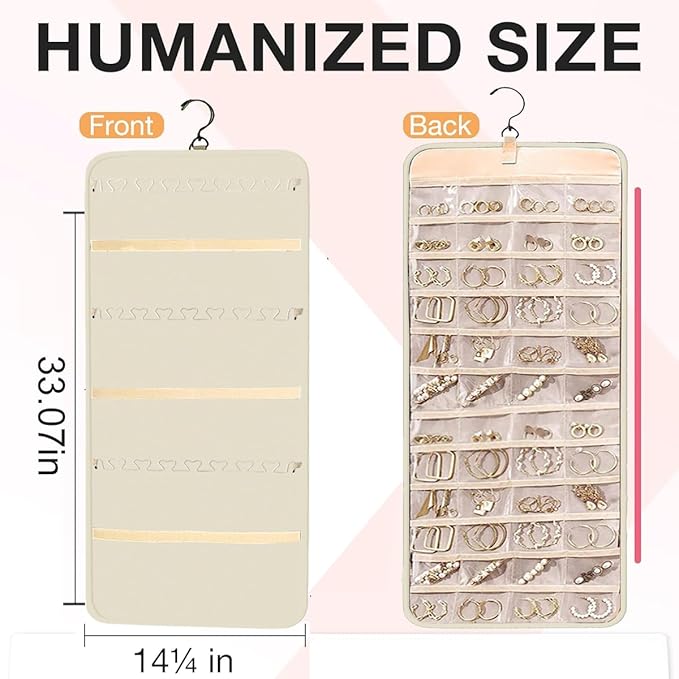 Hanging Jewelry Organizer Storage Roll with Hanger Metal Hooks Double-Sided Jewelry Holder for Earrings, Necklaces, Rings on Closet, Wall, Door, Large 14.17" x 33.07" (beige)