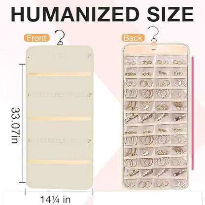 Hanging Jewelry Organizer Storage Roll with Hanger Metal Hooks Double-Sided Jewelry Holder for Earrings, Necklaces, Rings on Closet, Wall, Door, Large 14.17" x 33.07" (beige)