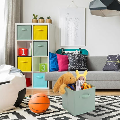 Stero Fabric Storage Bins 6 Pack Fun Colored Durable Storage Cubes with Fabric Handles Foldable Cube Baskets for Home, Kids Room, Closet and Toys Organization Cyan, Green, Yellow