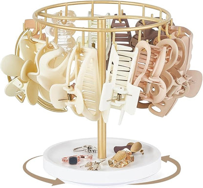 Dahey 360 Degree Rotating Claw Clip Organizer, Metal Hair Clip Holder with Wood Base and 14 Hooks Storage Display Hair Accessories Bracelets Keychains Jewelry for Girls Women Bedroom Dorm Vanity Decor