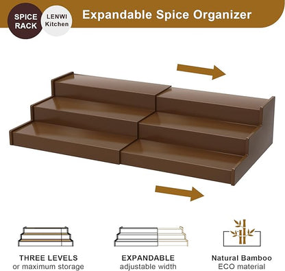 Lenwi Spice Rack Organizer for Cabinet, 3 Tier Expandable Bamboo Spice Storage for Kitchen Cupboard Pantry, Brown