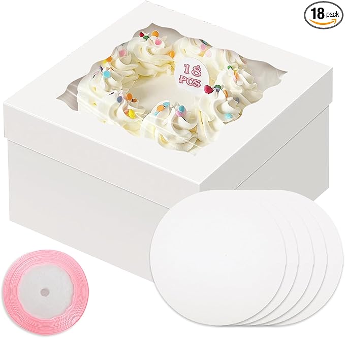 qiqee White 10x10x8 Cake Box, 18 Sets Cake Box with Window ＆ 18 Sets 10" Cake Round Boards, 10inch Cake Containers, 10 Meters Pink Silk Ribbon Includes