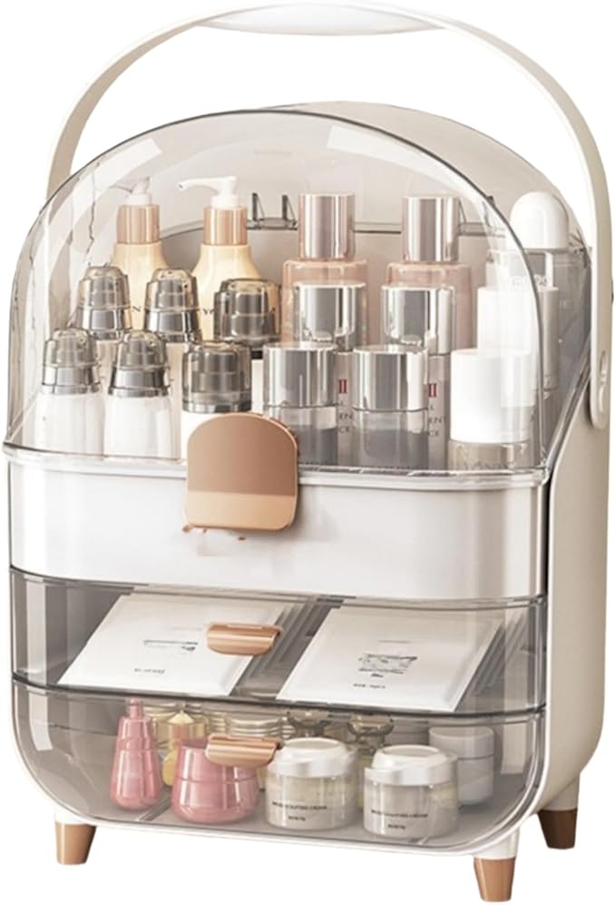 Makeup Organizer, Skincare Organizers with Clear Lid & 2 Drawers and 360° Rotating Brush Holder