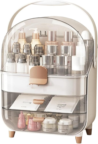 Makeup Organizer, Skincare Organizers with Clear Lid & 2 Drawers and 360° Rotating Brush Holder