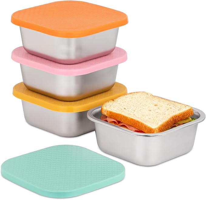 4 Pack Sandwich Containers: 30oz Stainless Steel Lunch Box with Silicone Lids, Meal Prep Container Reusable Metal Sandwiches Food Storage for Kitchen & Office Salad Snacks Fruits