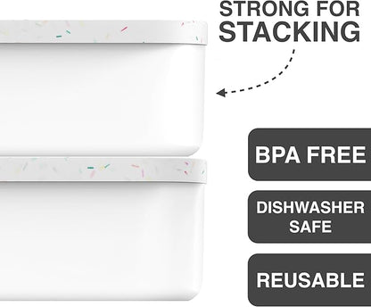 BALCI Ice Cream Containers - 2 Quart Ea. (Set of 2) - Premium Reusable Freezer Storage for Homemade Ice Cream Tub for Sorbet, Frozen Yogurt - Flexible Silicone Lids, Long Scoop - White With Sprinkles