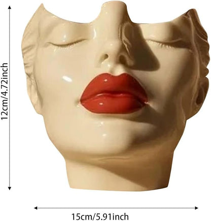 Women's Head Shape Boho Feminist Decoration, Minimalist Statue Storage Decor Face Makeup Brush Holder, Modern Statue Storage Makeup for Table Shelf Living Room Office (Beige 5.90 * 4.72 * 3.15in)
