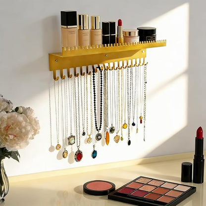 Necklace Holder Wall Hanging Organizer with 56 Hooks and Tray, Wall Mounted Necklace Hanger for Earring, Bracelet, Rings, Hairband, Glasses