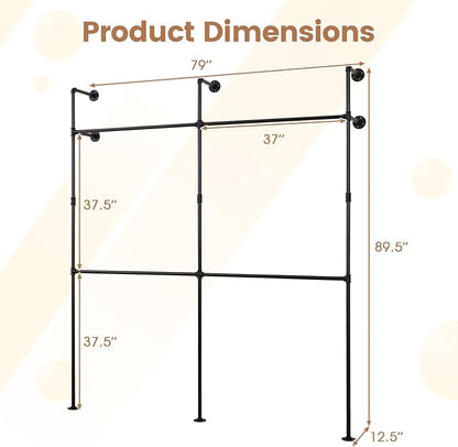 Giantex Industrial Pipe Clothing Rack, 79" Wall Mounted Heavy-Duty Metal Garment Organizer with 4 Hanging Rods, 2-Tier Walk-in Closet System for Wardrobe Closet, Retail Display