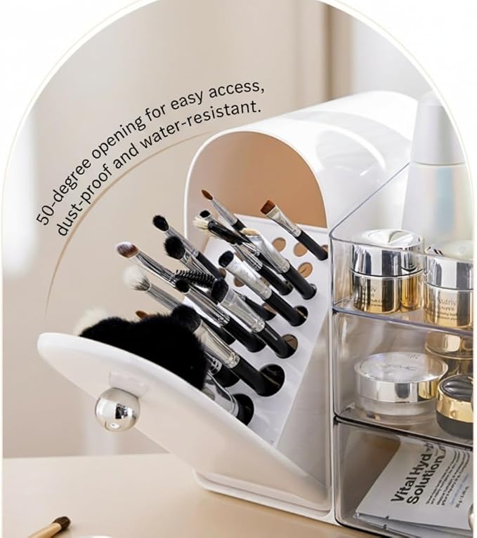 Bird&Fish Makeup Organizer with Sliding Brush Holder, Clear Skincare Organizer with Drawers, Bathroom Countertop Organizer, Sturdy Cosmetic Storage Case for Vanity, Dresser (White)