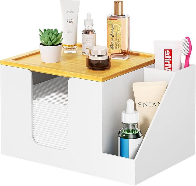 VITVITI Disposable Face Towel Holder Box, Acrylic Clean Skin Club Facial Towel Container with Toothbrush Holders, Large Disposable Face Towels Storage for Bathroom Vanity Makeup, White