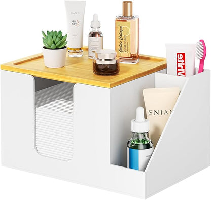 VITVITI Disposable Face Towel Holder Box, Acrylic Clean Skin Club Facial Towel Container with Toothbrush Holders, Large Disposable Face Towels Storage for Bathroom Vanity Makeup, White