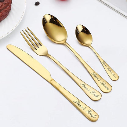 Custom Engraved Cutlery,Customized Tableware Set With Gift box, Personalized Lettering Name Fork/Knife/Spoon Stainless Steel Cutlery, Customized Gifts For Mama Nana Papa. (Gold)