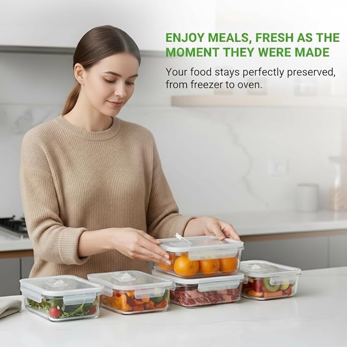 NutriChef 10-Piece Superior Glass Food Storage Containers Set (5 Containers + 5 Locking Lids),Stackable Meal-prep Design, BPA-free Airtight Clear Locking lids with Vent Lids & Air Hole, NCCLX5