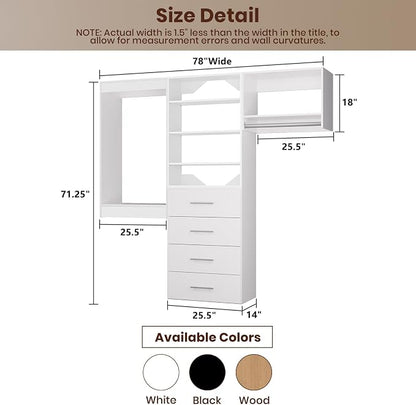 ROOMTEC Modular Closet System, 78" Wall Mounted Closet Organizer with Hanging Rods and Drawers, Modern Wooden Tower for Walk-In Closets, Wardrobe Storage Kit, White