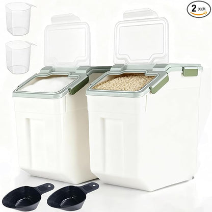 RUIAN 2Pcs Large Flour Storage Container Bin 50Lb Airtight Rice Storage Containers with Wheels Seal Locking Lid, BPA Free with Measuring Cup&Scoop for Flour, Rice, Grain 100LBS Total (Green)