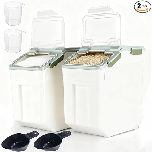 RUIAN 2Pcs Large Flour Storage Container Bin 50Lb Airtight Rice Storage Containers with Wheels Seal Locking Lid, BPA Free with Measuring Cup&Scoop for Flour, Rice, Grain 100LBS Total (Green)