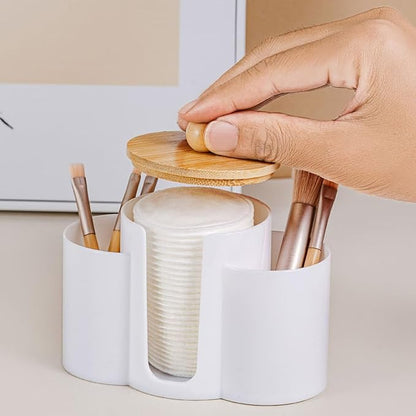 3-in-1 Q-Tip Holder for Bathroom – Premium Vanity Organizer Canister with Dustproof Lid for Cotton Swabs, Balls and Pads, Countertop Storage Container（White）