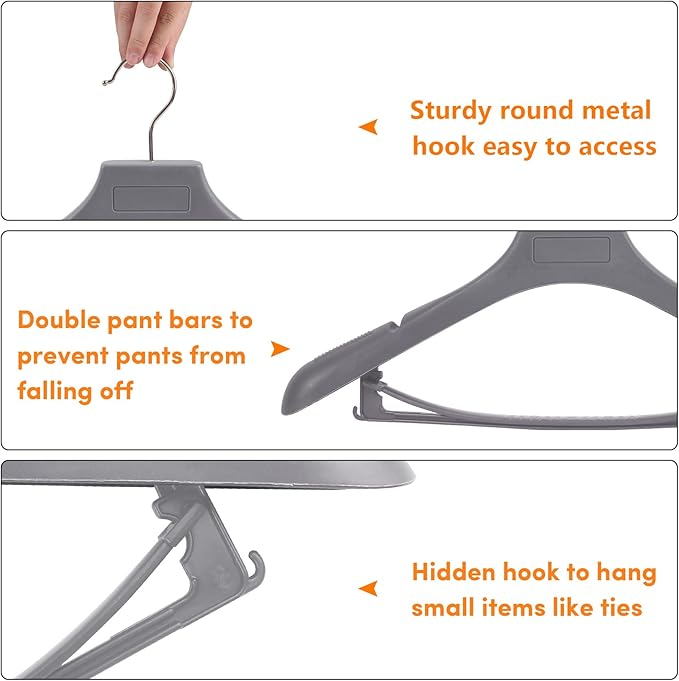 DEDU Suit Hangers for Men 40 Pack, Grey Coat Hangers Extra Wide Non Slip Width 17.7", Thick Plastic with Pants Bar & Metal Hook