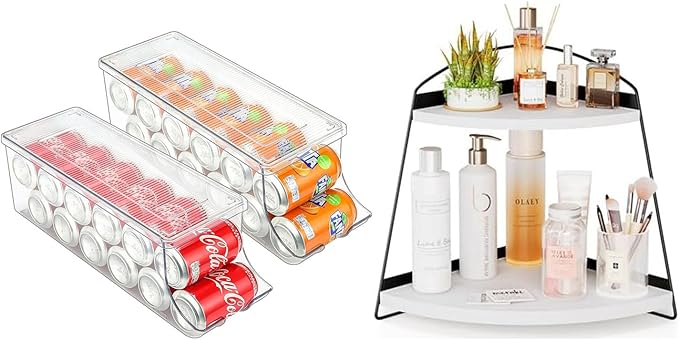 Puricon 2 Pack Soda Can Organizer Dispenser for Refrigerator Bundle with Corner Bathroom Counter Organizer(1 Pack White)