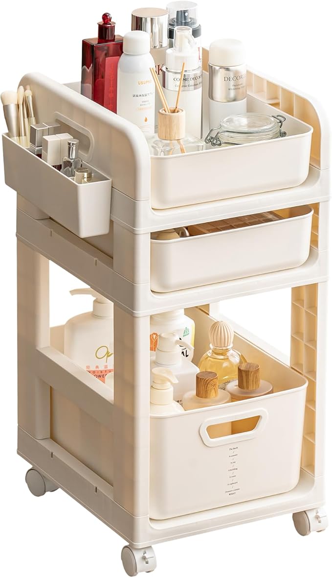 Rolling Makeup Organizer Cart with Removable Drawer, 3 Tier Stable White Floor Skincare Storage Cart for Vanity, Cosmetic Display, Nail Polish, Perfume, Hair Stuff, Beauty, Bathroom (3 Tier White)