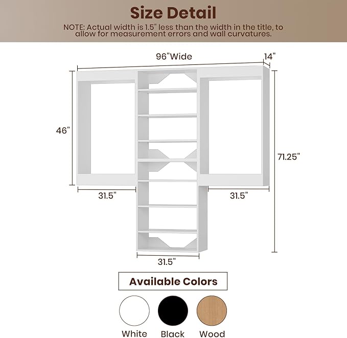 ROOMTEC Modular Closet System, 96" Wall-Mounted Closet Organizer with Hanging Rods and Shelves, Wooden Tower for Walk-In Closets, Wardrobe Storage Kit, White
