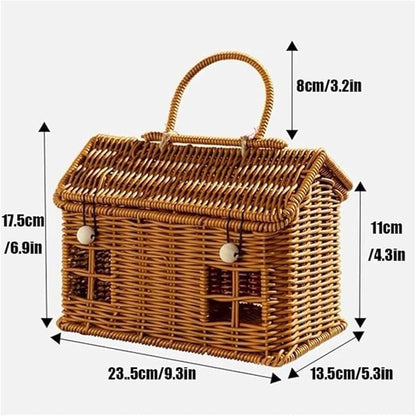 Rattan House Shape Storage Basket with Lid, Small Doll House, Decorative Hand Woven Shelf Organizer with Handle, Natural Harvest Wicker Basket for Picnics, Organizing, Storage (A, 1)