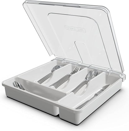 Silverware Organizer with Cover, Portable Cutlery Holder Flatware Tray with Lid Plastic Silverware Storage Box Airtight Black Cutlery Tray with Lid (White)