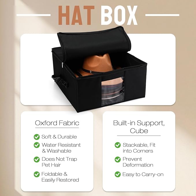Wonderjune 2 Pcs Hat Storage Box Upgrade Stackable Organizer with Lids Cowboy Hat Box Large Square Bag Foldable Closet Sheet Organizer Travel Container for Men Women(Black)